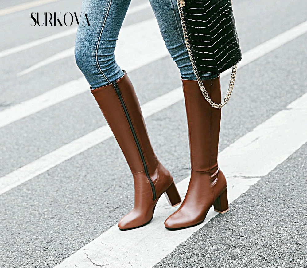 

Solid Color Simple Thick Heel Women's Boots Square Toe Fashionable and Versatile Mid-Calf Boots Women's Leather Knight Boots New
