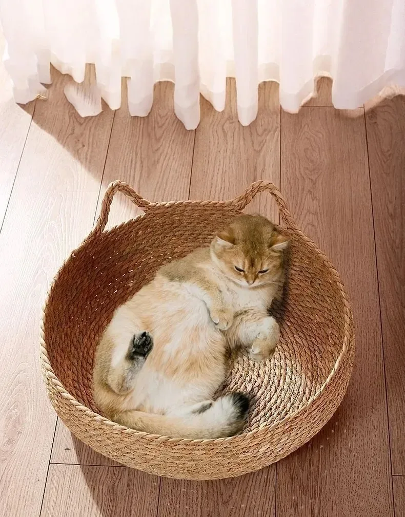 Natural Woven Cat Bed with Washable Seasonal Pad 6