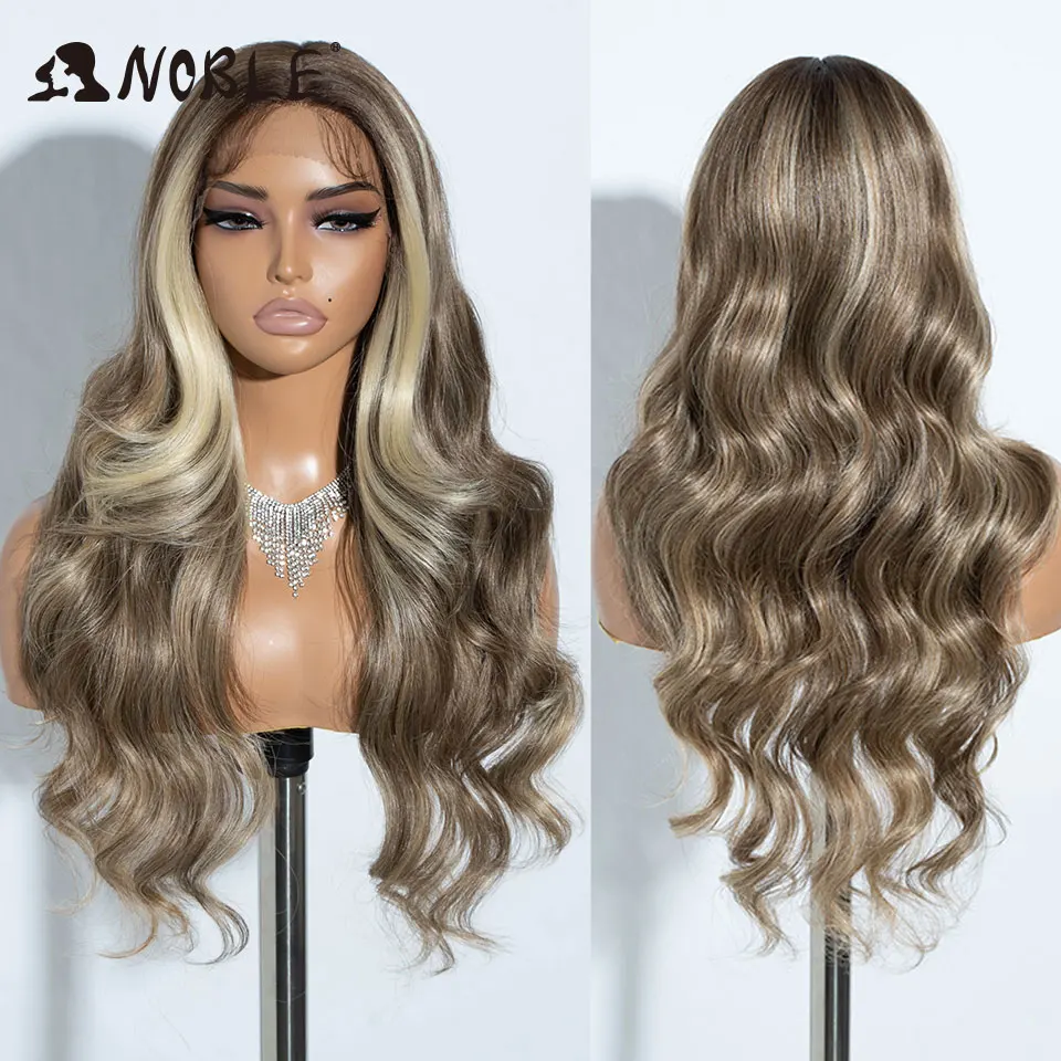 Noble Cosplay Synthetic Lace Frontal Wigs For Women 26 Inch 13x4 Long Wavy Lace Front Wig Ombre Brown Blonde Highlight Lace Wig