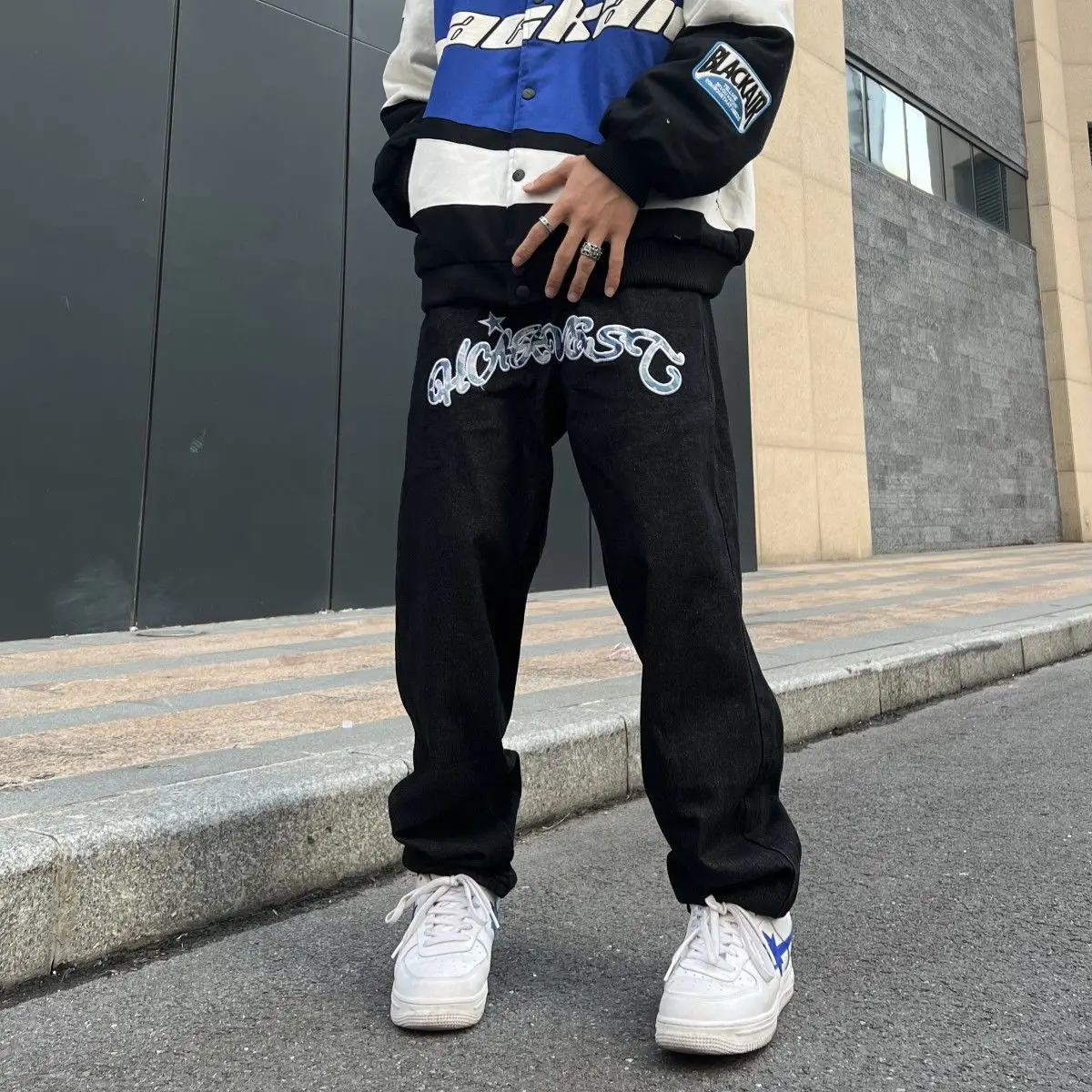 Y2KMensFashionBlackKoreanStreetwearLetterPrintLowRiseBaggy