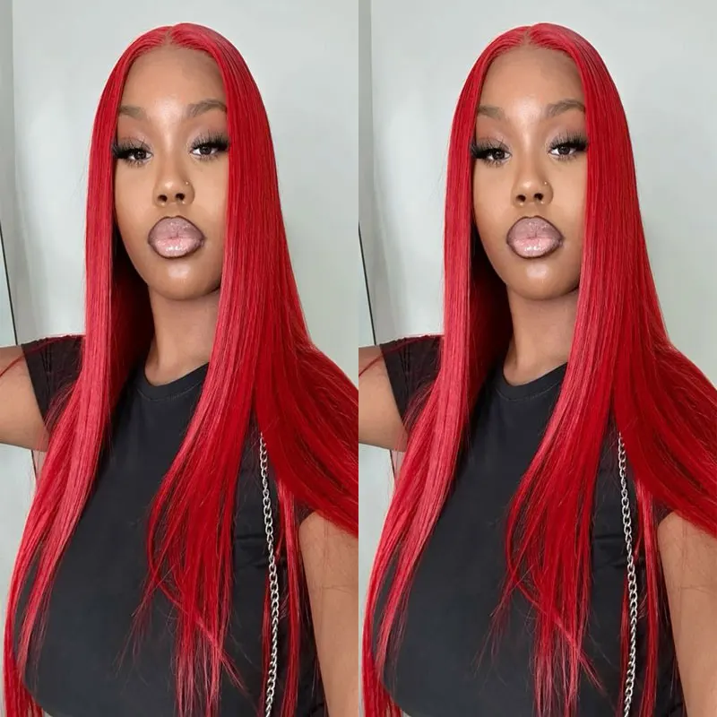 

Bombshell Bright Fire Red Straight Wig Pre Plucked Synthetic 13x4 Lace Front Wigs Glueless Heat Resistant Fiber Hair For Women