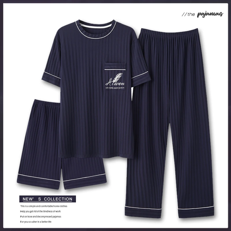 남성 패션 여름 3 피스 잠옷 세트 짧은 소매 라운드 칼라 코튼 홈웨어 플러스 사이즈 5XL 반바지 Loungewear Pijamas