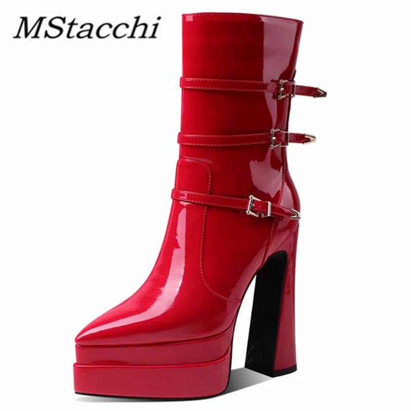 

MStacchi Fashion Mid-Calf Women High Heels Boots Autumn Pointed Toe Casual Bckle Bota Feminina Sexy Platform Zipper Short Boots