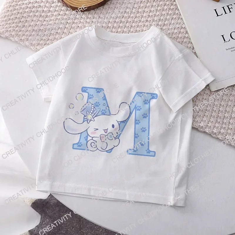 Cinnamoroll Children T-shirt Letter A B C D Name Combination Sanrio Kawaii Girls Tee Shirts Cartoons Casual Clothes Kid Boy Tops 4