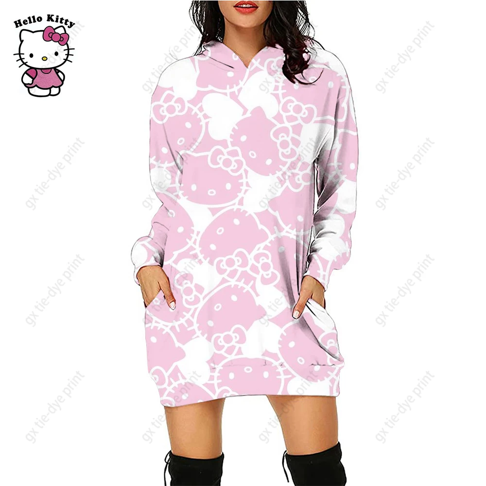 

Women’s Casual Long Sleeve Short Dress Fashion Hello Kitty Printed Hooded Dress With Pocket Plus Size Women Clothing Y2k Hoodie
