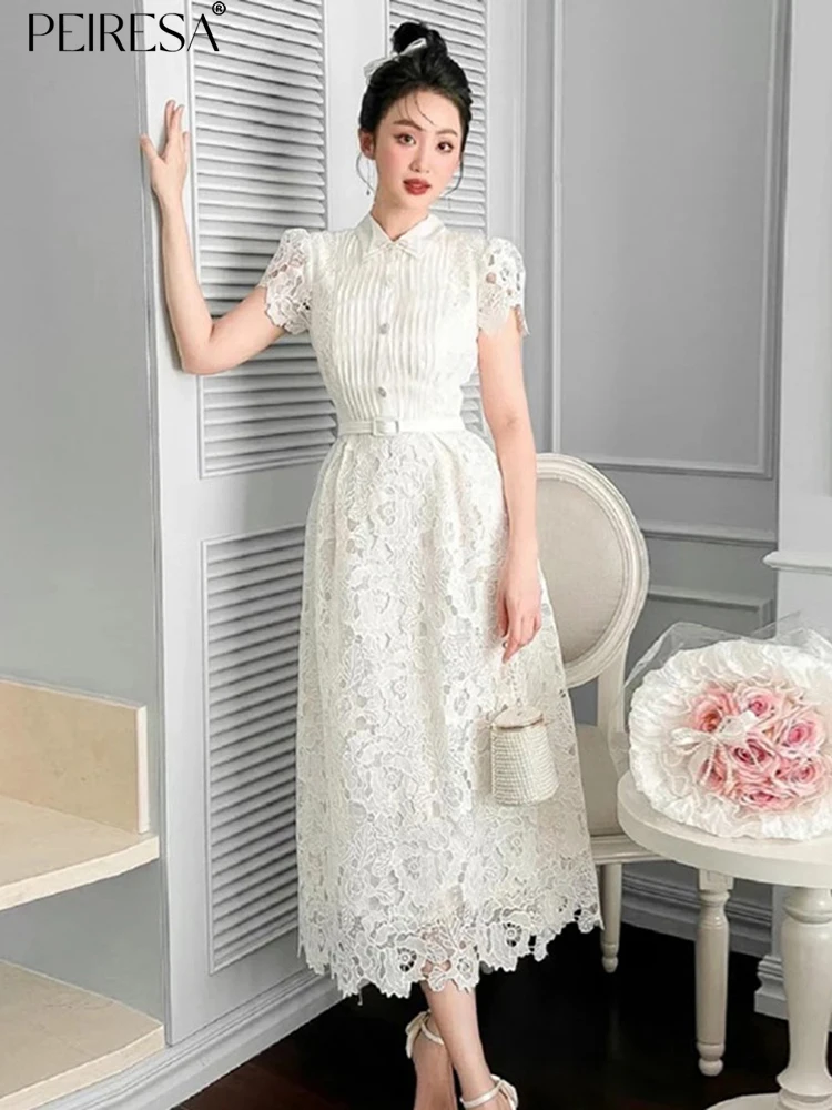 

PEIRESA French Elegant White Lace Dress For Women Lapel Puff Sleeve Embroidery Hollow Out Lace Up Midi Dresses 2023 New Summer