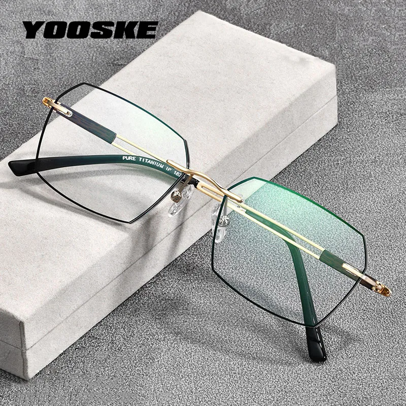 

YOOSKE Titanium Reading Glasses Men Rimless Business Eyeglasses frame Women Anti Blue Light Eyewear Polygon Frame
