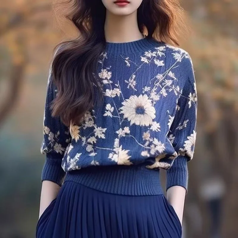 Spring Autumn Lantern Long Sleeve Women's Clothing Round Neck Plant&Flowers Crochet Pullover Sweater Knitted Elegant Tops 1