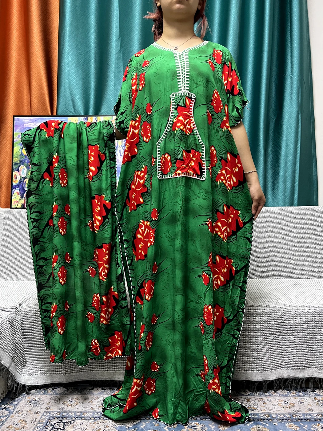 Abayas For Women's Prayer Garment Traditional Printed Floral Cotton Boubou Loose Femme Robe African Islam Dresses 160x70cm Scarf