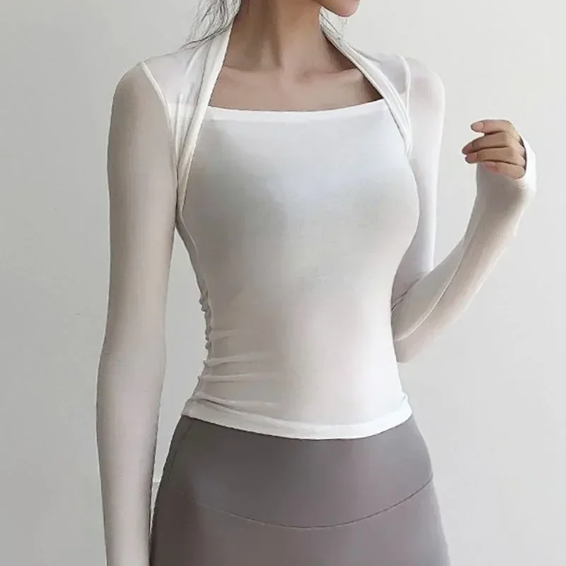 Square Neck Slim Fit Quick Drying High Elastic Lightweight Women Long Sleeves T-shirt Fitness Dance Yoga Pilates Tops