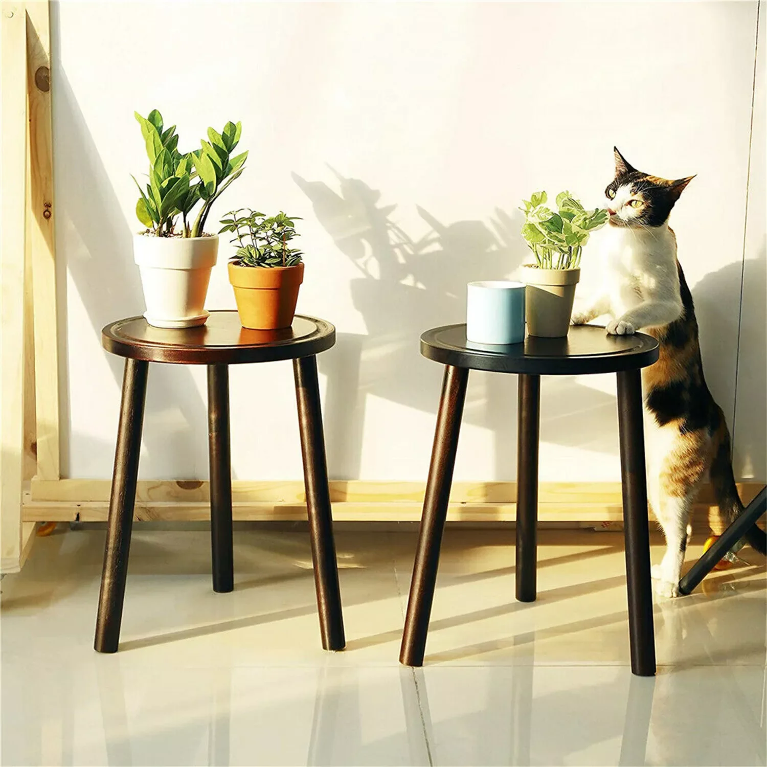 LUVODI 2PCS Round Wood Side Table Small Sofa End Coffee Table Bamboo Plant Stand Flower Pots Holder with Triple Legs