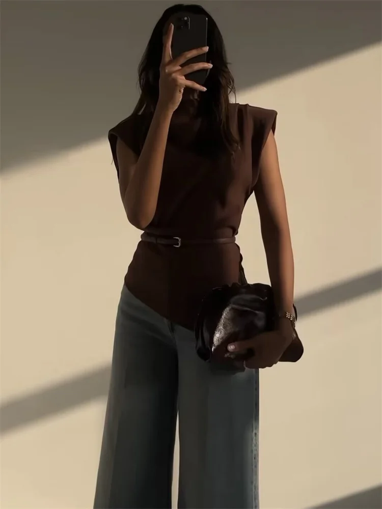 Spring Female Casual T-shirt Top Sleeveless Slim High Waist Cropped Solid Streetwear Y2k Top Women's Patchwork Tee 2025