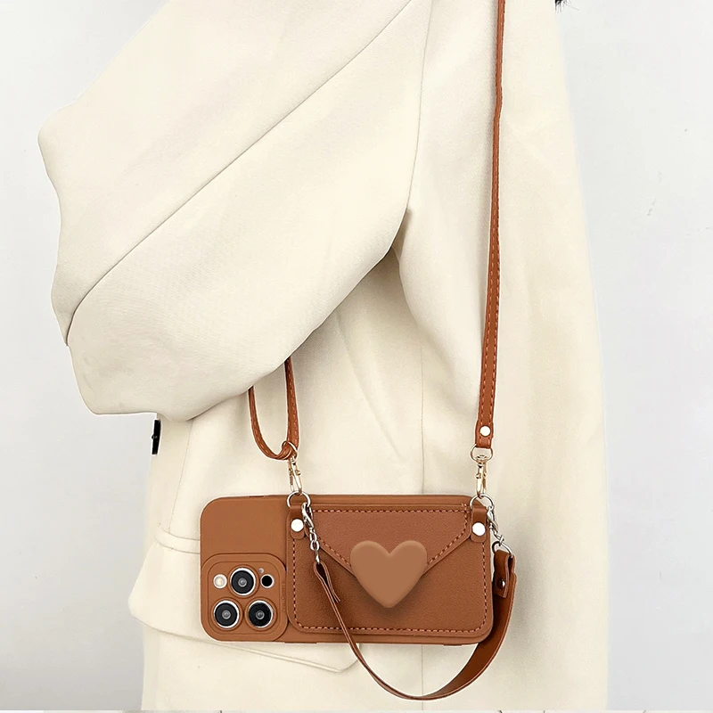 Crossbody Lanyard 3D Heart Wallet Card Case with Wrist Strap - Soft Silicone Cover