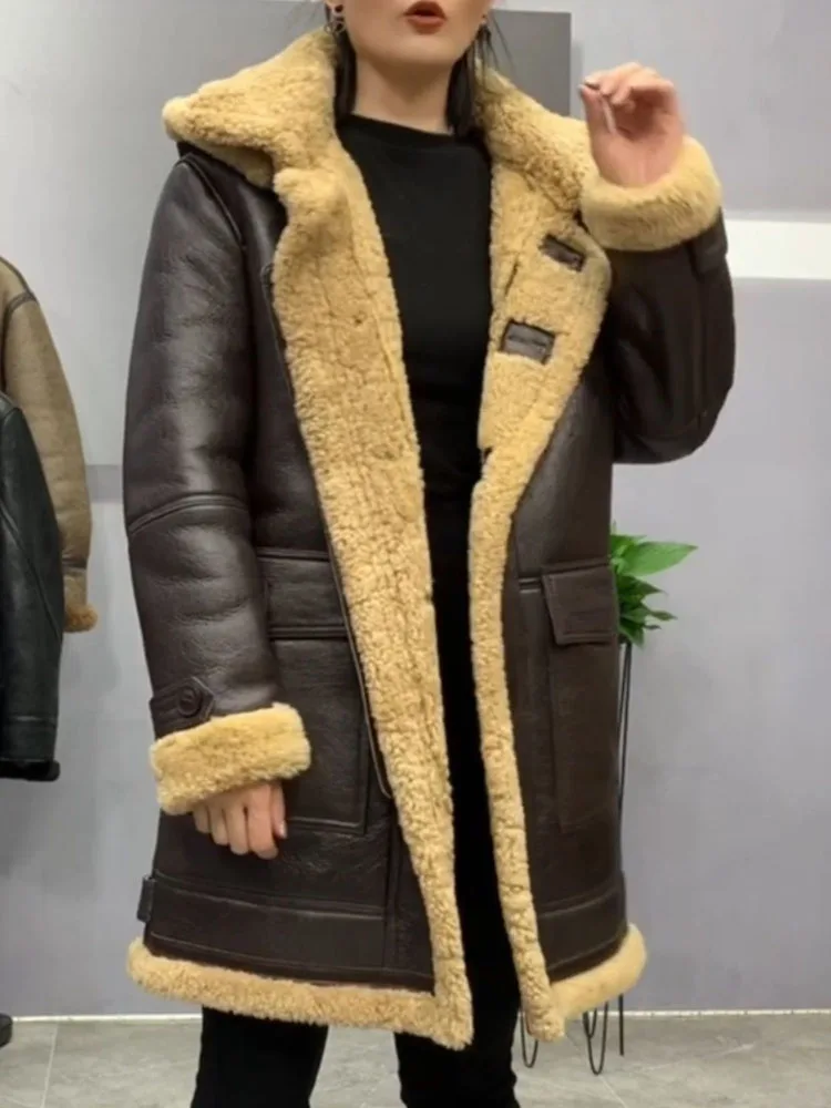 

Men and Women's Winter Warm Coat Long Jacket Genuine Sheepskin Lambskin Shearling Wool Liner Hooded Brown XXXXXXXXL 5XL 6XL 7XL