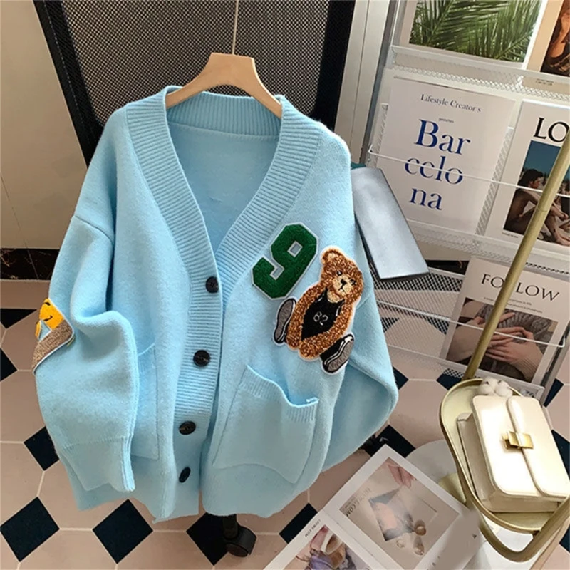 Womens Long Sleeve Knitted Cardigan Solid Color Cartoon Outfits Button Down V-neck Loose Sweater Coat P8DB
