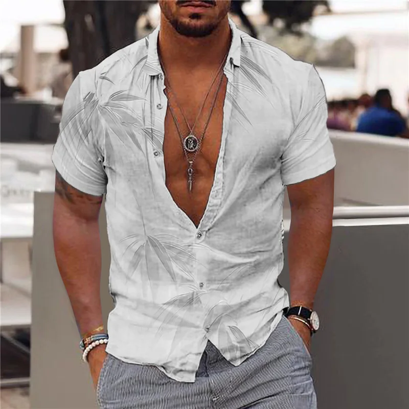 Hawaiian Shirts Printed Colors Bamboo Leaves Graphics Dress Shirt Buttons Short Sleeve Streetwear Beach Casual Men Clothing