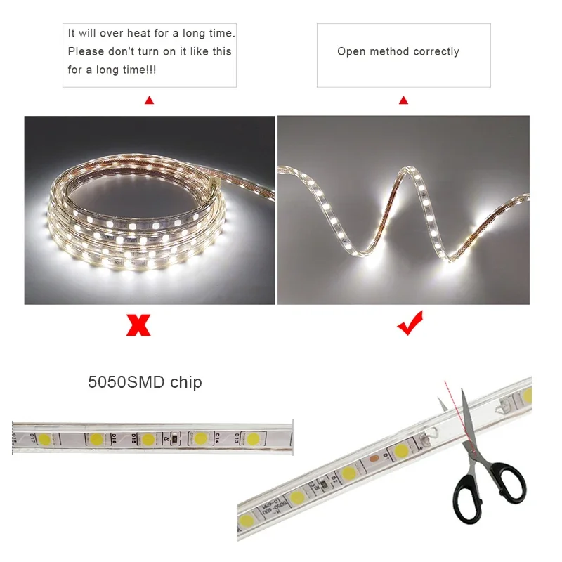 Bande lumineuse LED pour salon, ruban flexible, étanche, AC220V, SMD 5050, 1m, 2m, 5m, 10m, 20m