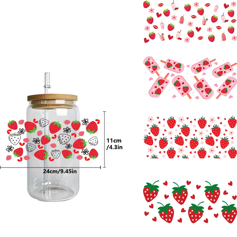 Cute strawberry stickers peel waterproof DIY Decals 3D transfers uvdtf crystal stickers 16oz uv dtf cup wraps Libbey Glasses