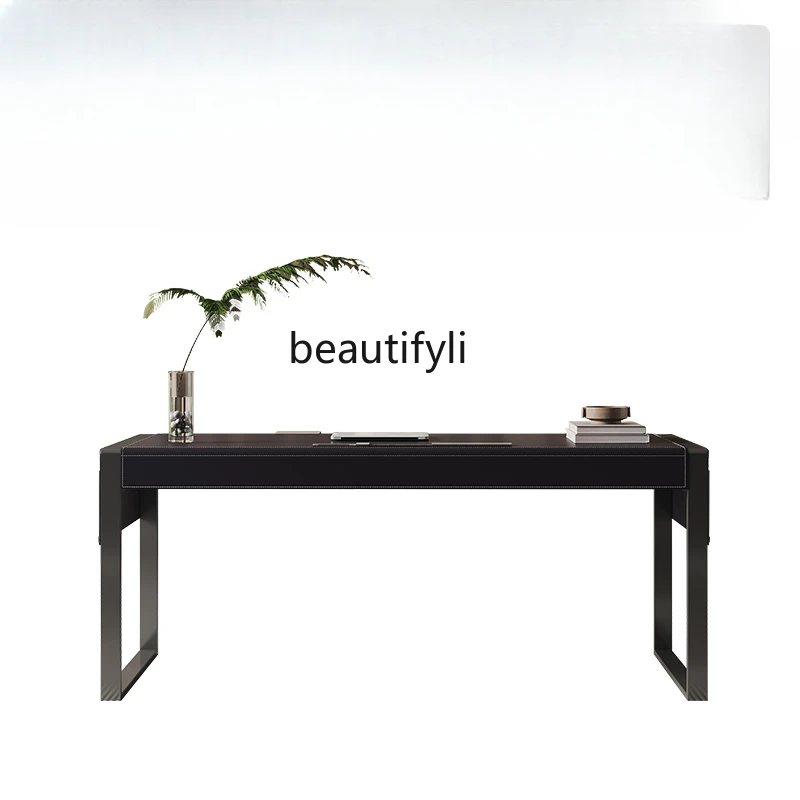 

Italian Minimalist Light Luxury Modern Minimalist Study Home Computer Desk Black Saddle Leather Writing Workbench Desk