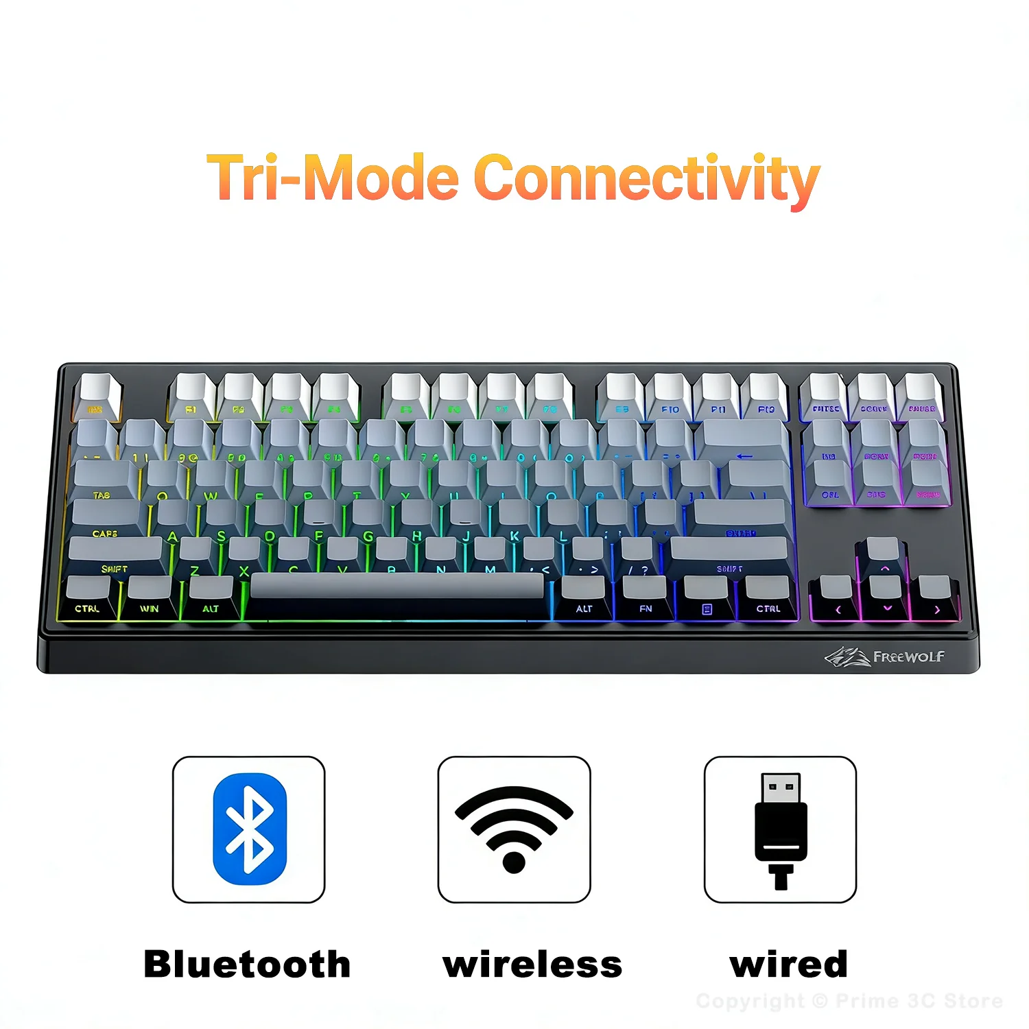 프리울프 M87v2 무선 게이밍 키보드, RGB 87키 TKL PBT 키캡, 무소음, 트리플 모드 블루투스/2.4G/유선, 대용량 배터리