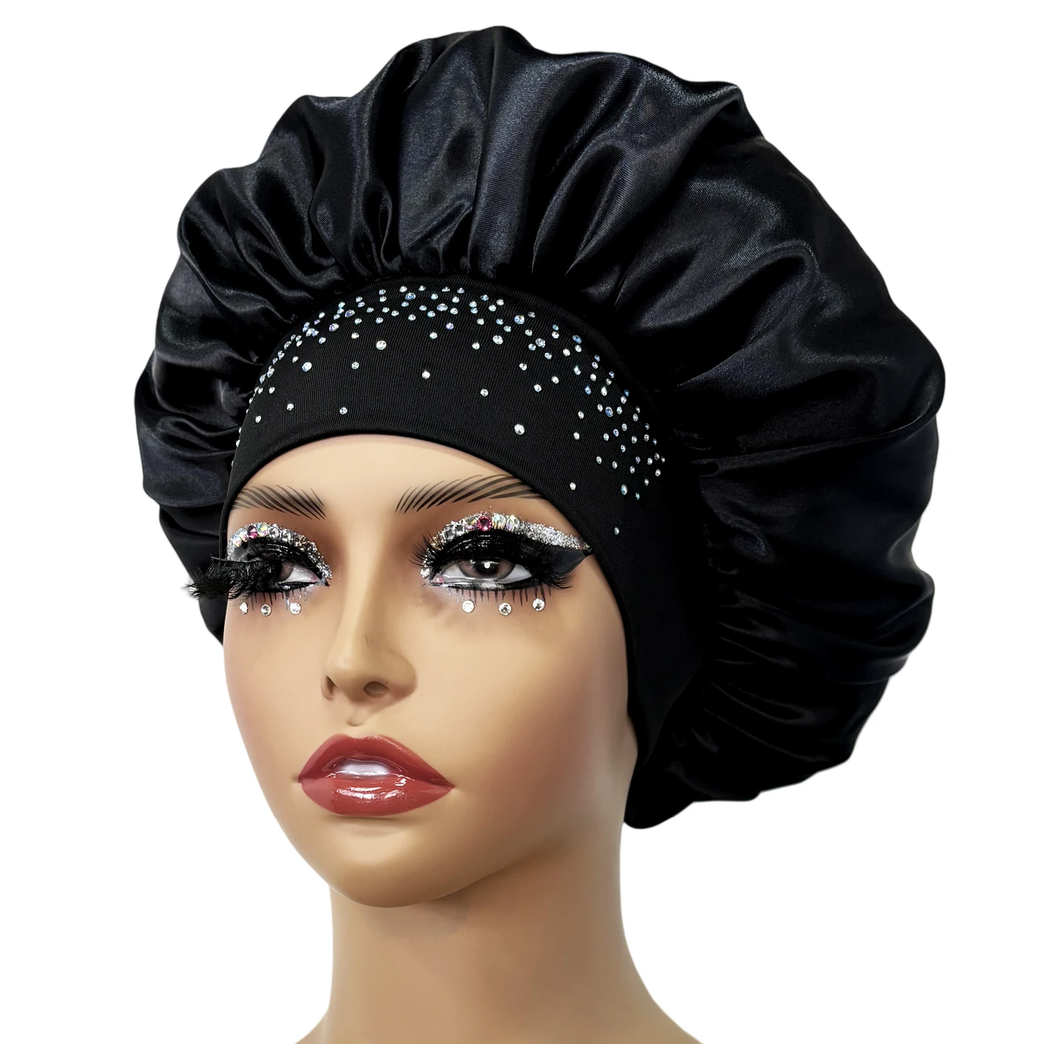 Newly Women Satin Night Sleep Cap Luxury Rhinestone Hair Bonnet Hat Shower Cap Bathroom Hair Accessories Turban Headwrap 4