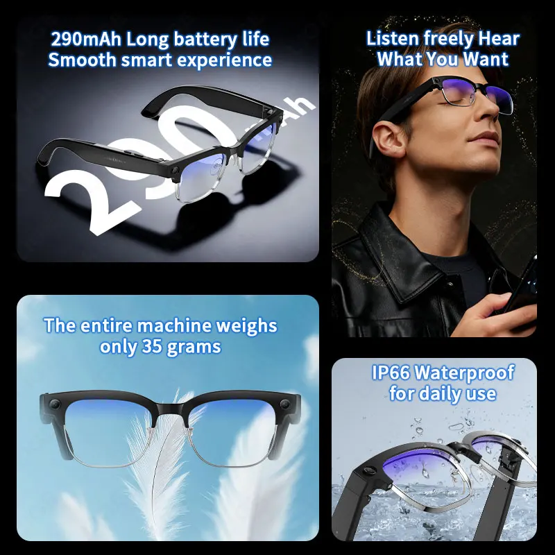 LIGE 8MP HD Color Changing AI Smart Glasses Chat Camera Bluetooth Call 290mAh Voice Assistant Control Intelligent Sunglasses New