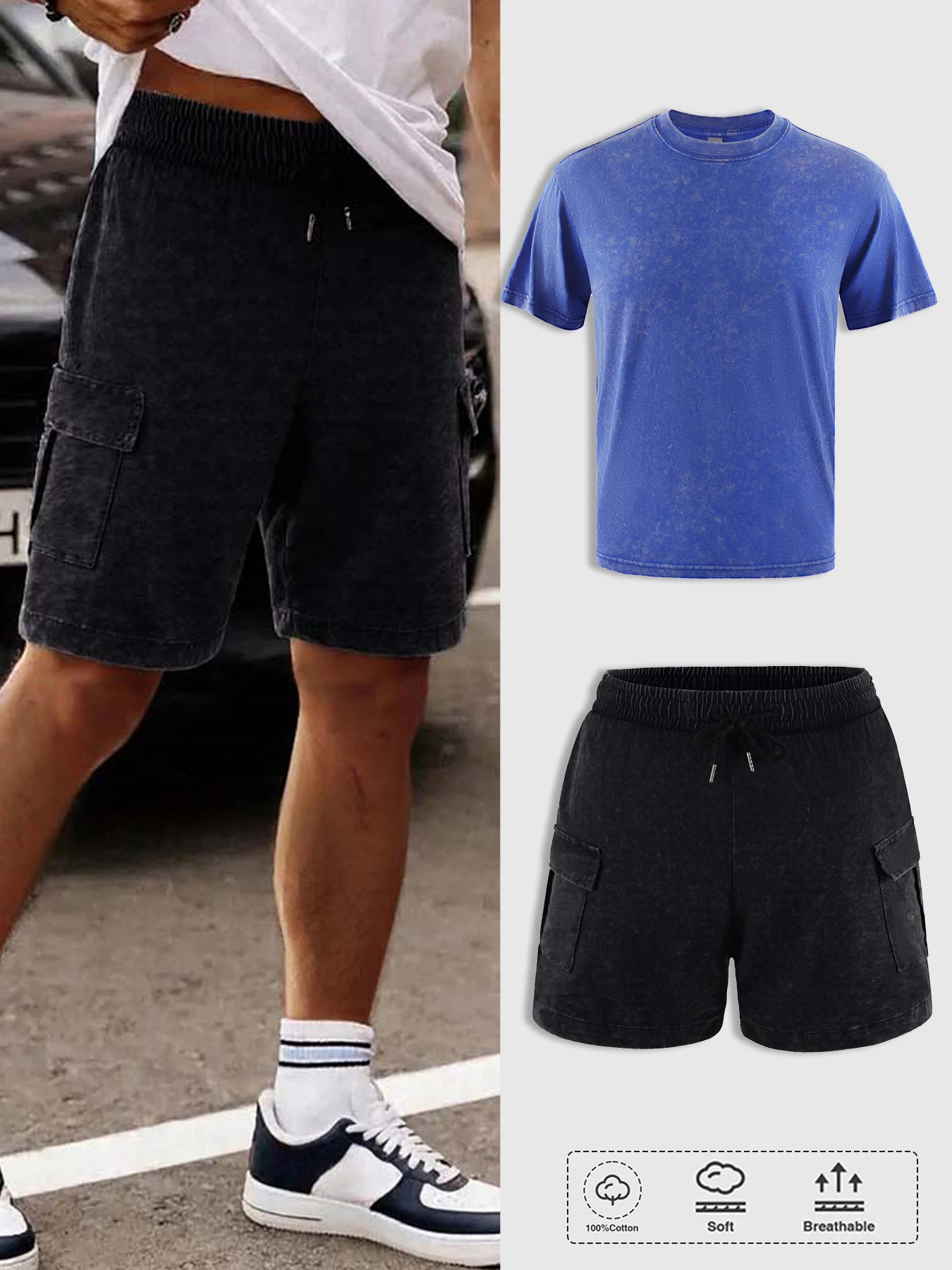 Solid Snow Washed Casual Shorts Set Men Soft Cotton Short Sleeve Streetwear Clothes Creative Vintage Trendy Unisex Short Suit