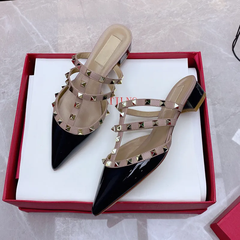 shoes woman 2024 trend luxury Genuine Leather Slippers Summer Women's Sandals pointed toe Rivets High Heels Casual Ladies shoes
