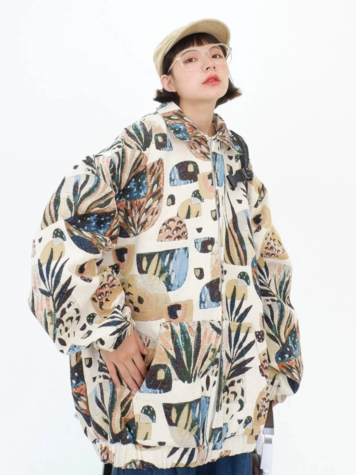 All over printed plant zipper COATS for women's autumn 2023 new loose fitting bf retro original style jacketS