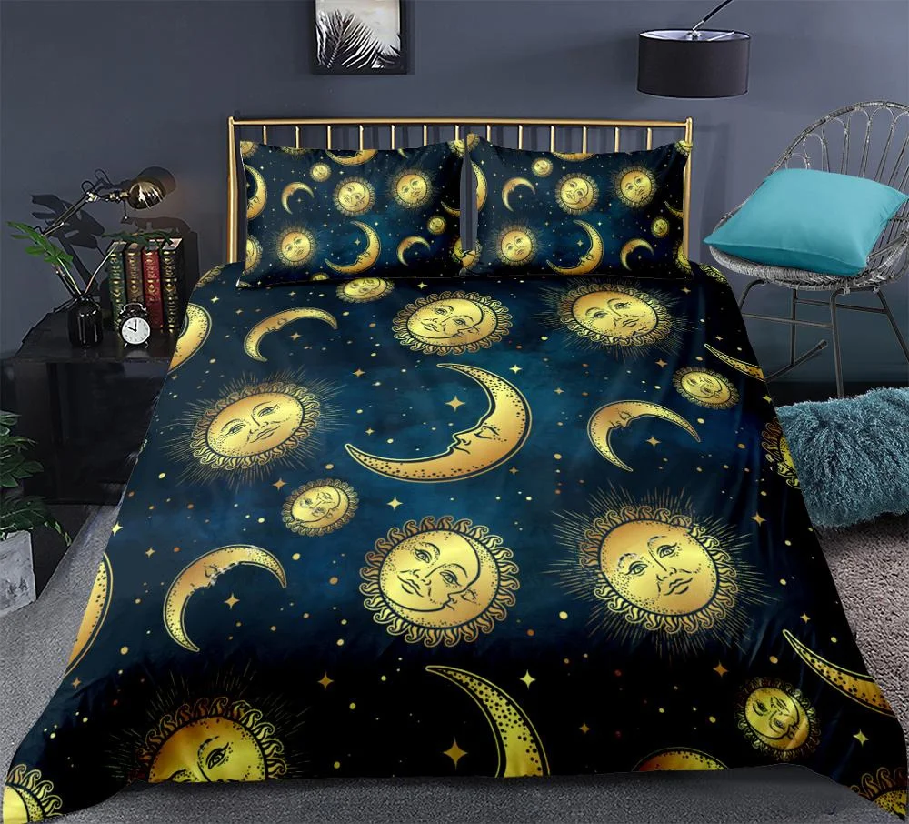 

Moon and Sun Gold Duvet Cover with Pillow Cover Bedding Set Celestial Quilt Cover Boho Bed Set Bedroom Decor for Kids Adults