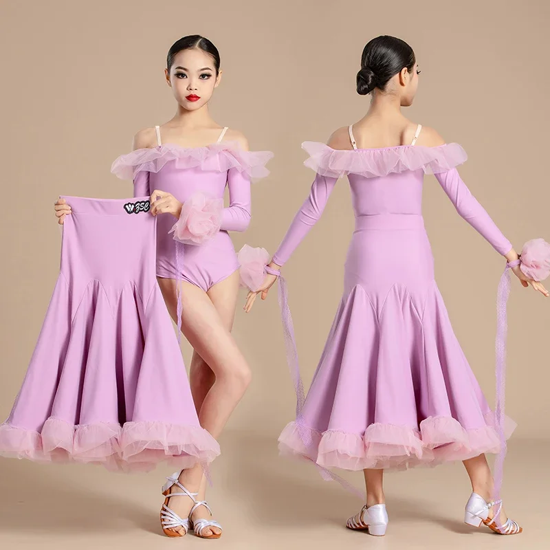New Modern Dance Skirts National Standard Child Ballroom Dance Waltz Social Long Dresses Competition Performance Costume