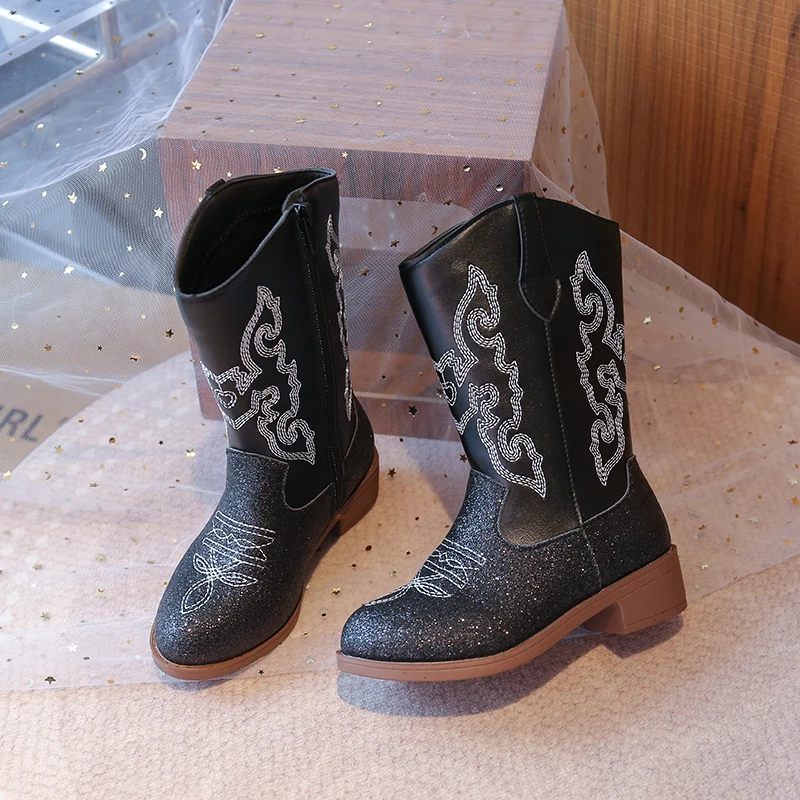 Girls Mid Calf Cowboy Boots Embroidered Floral Pattern