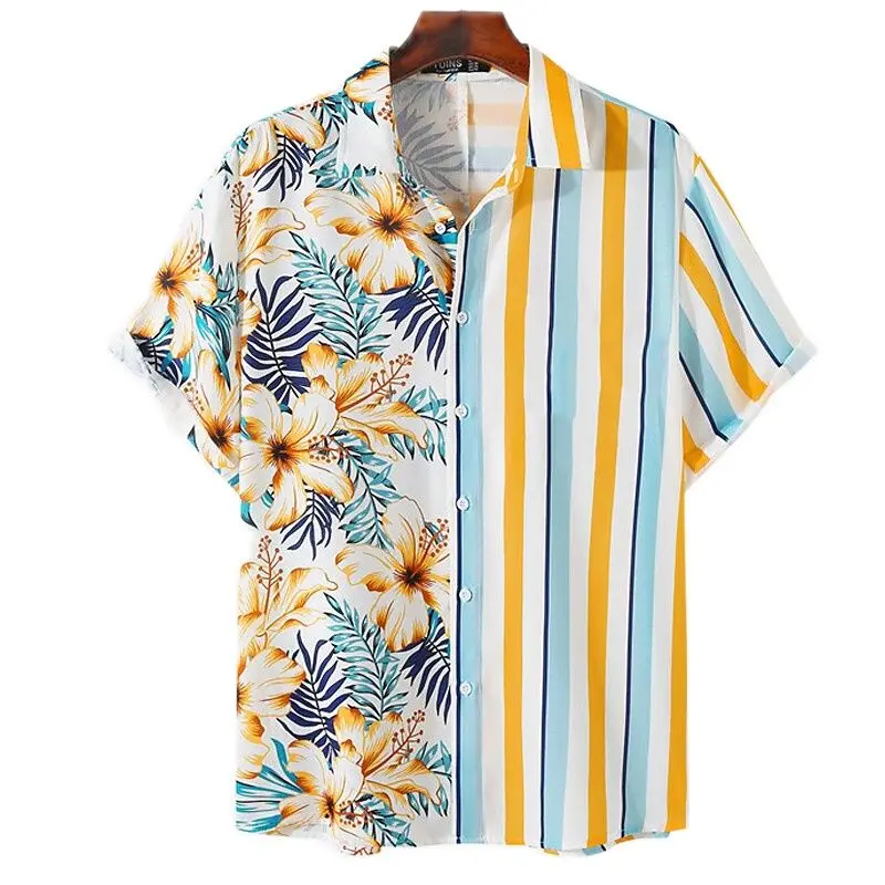 Men's Hawaiian Shirts Striped Floral Print Button-Up Casual Summer Beach Travel Oversized Unisex Clothing 3