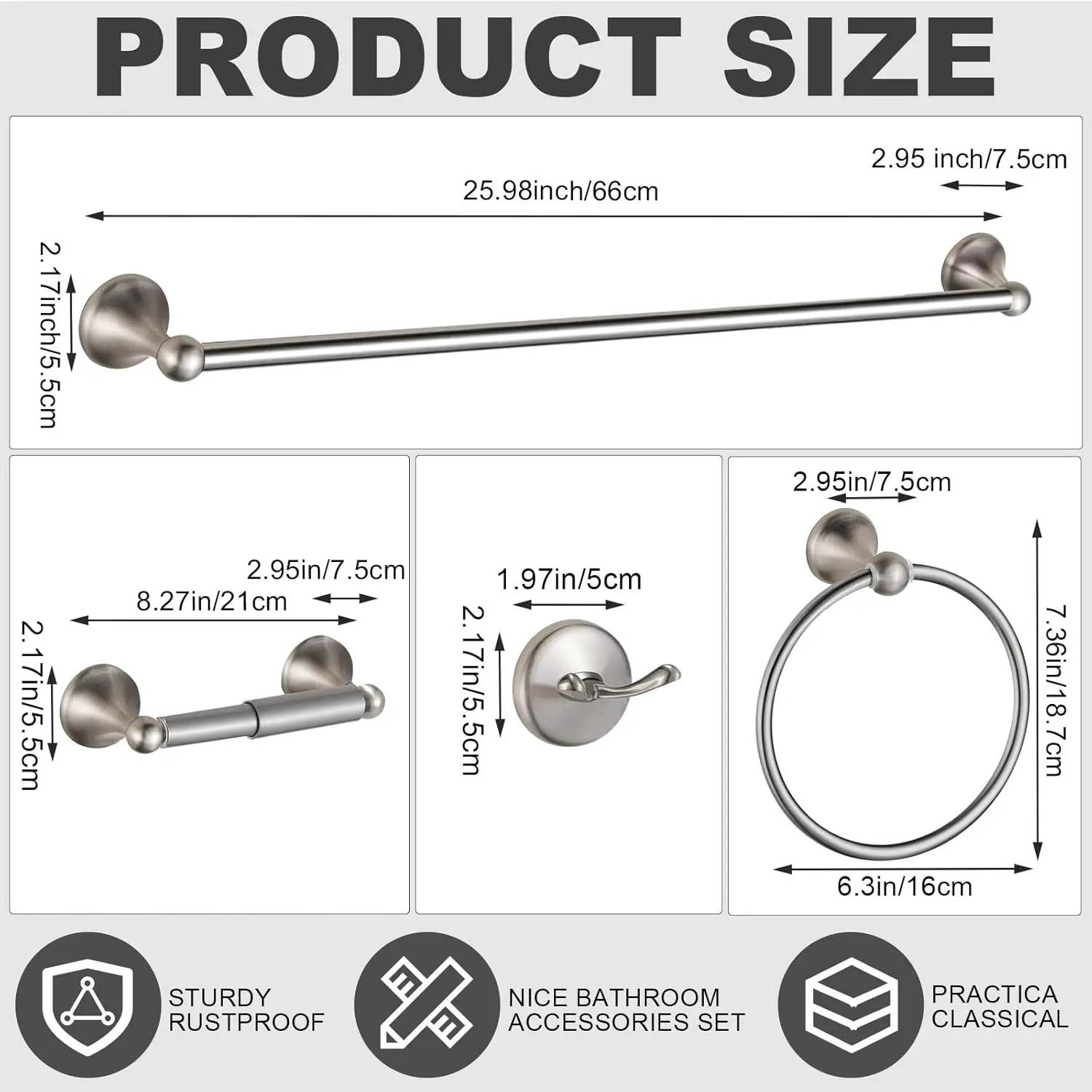 16-Pcs Bathroom Set. Adjustable Towel Bar Kit. Stainless Steel. Racks, Ring, Hooks. Wall-Mounted. Silver.