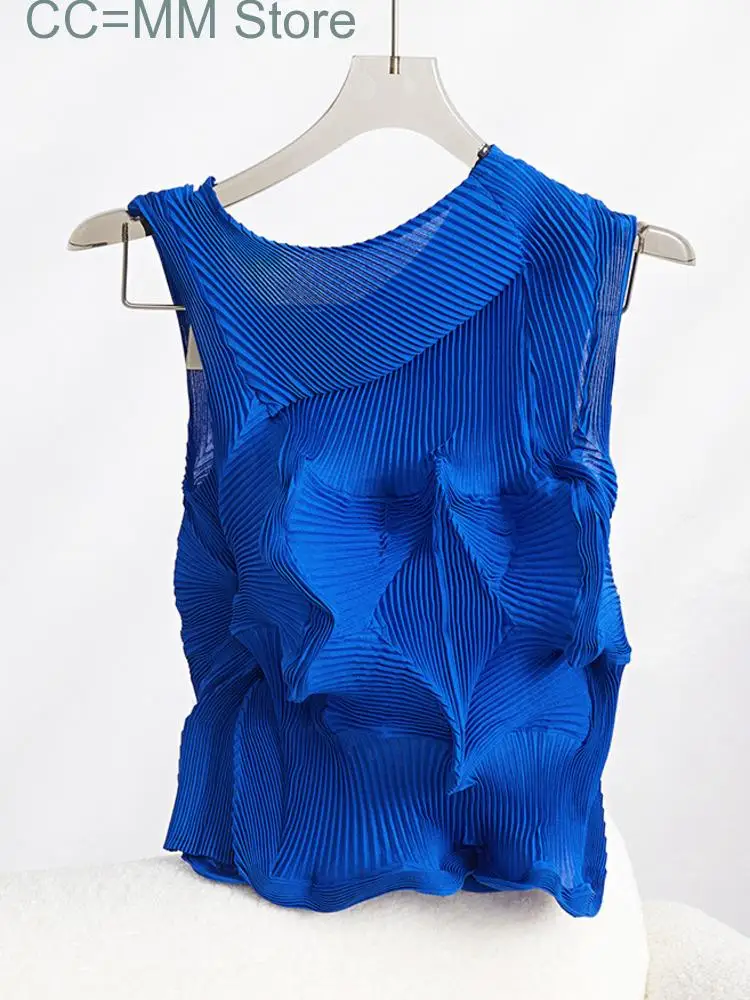 Женская Асимметричная плиссированная футболка, однотонный дизайнерский Топ без рукавов с круглым вырезом, летняя одежда