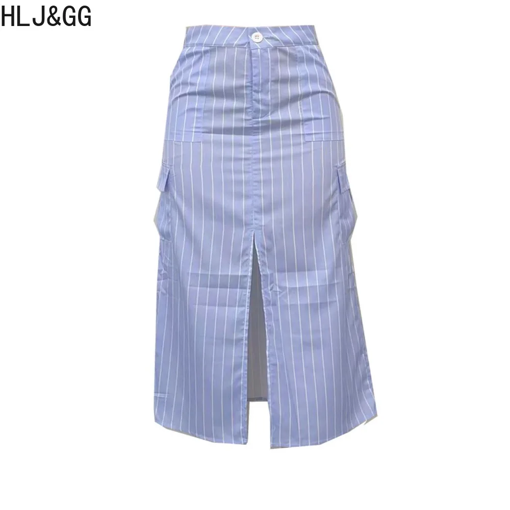 HLJ&GG Summer New Stripe Print Slit Skinny Skirts Women High Waisted Button Pocket Slim Bottoms Fashion Elegant Lady Skirts 2024