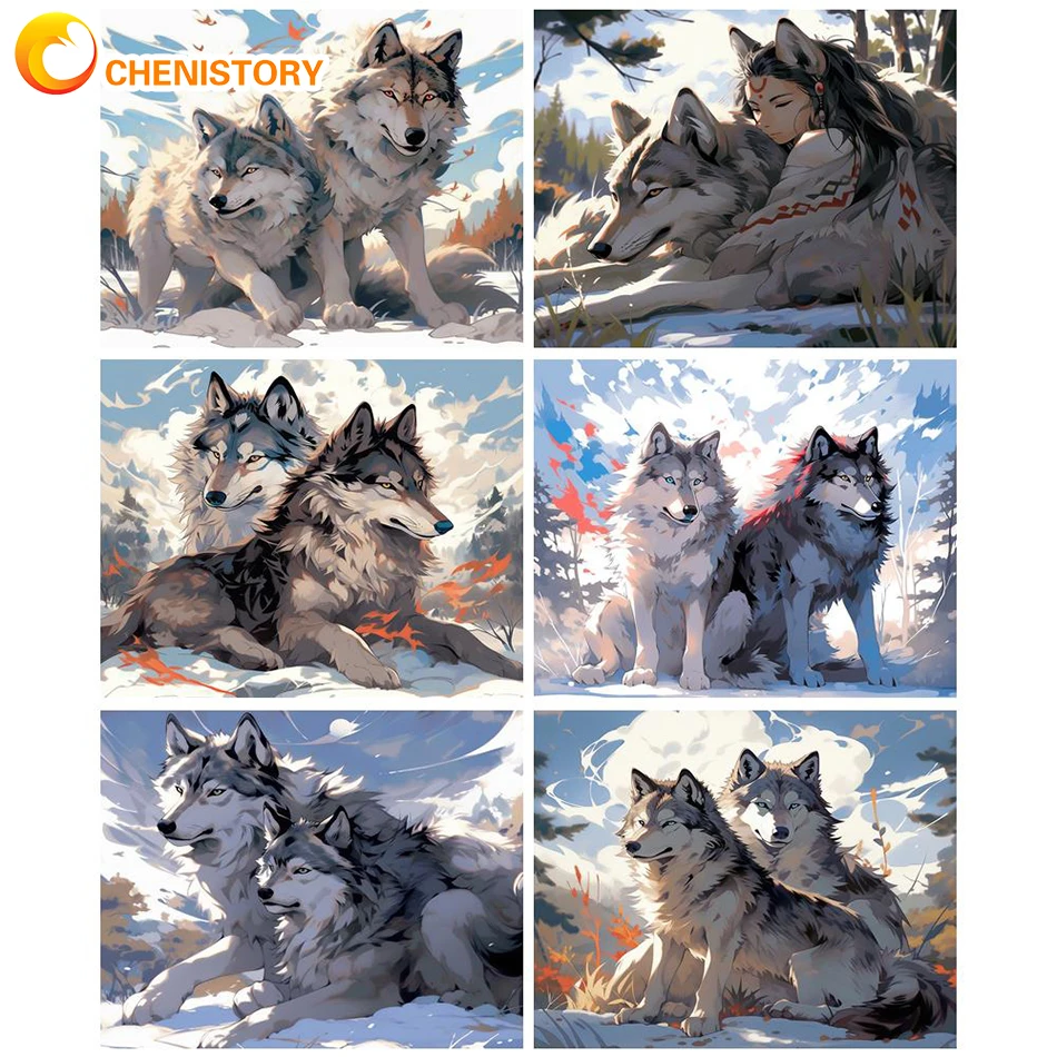 

CHENISTORY Oil Painting By Numbers Animal Wolf Scenery 60x75cm Diy Paint By Numbers On Canvas Winter Landscape For Home Decor