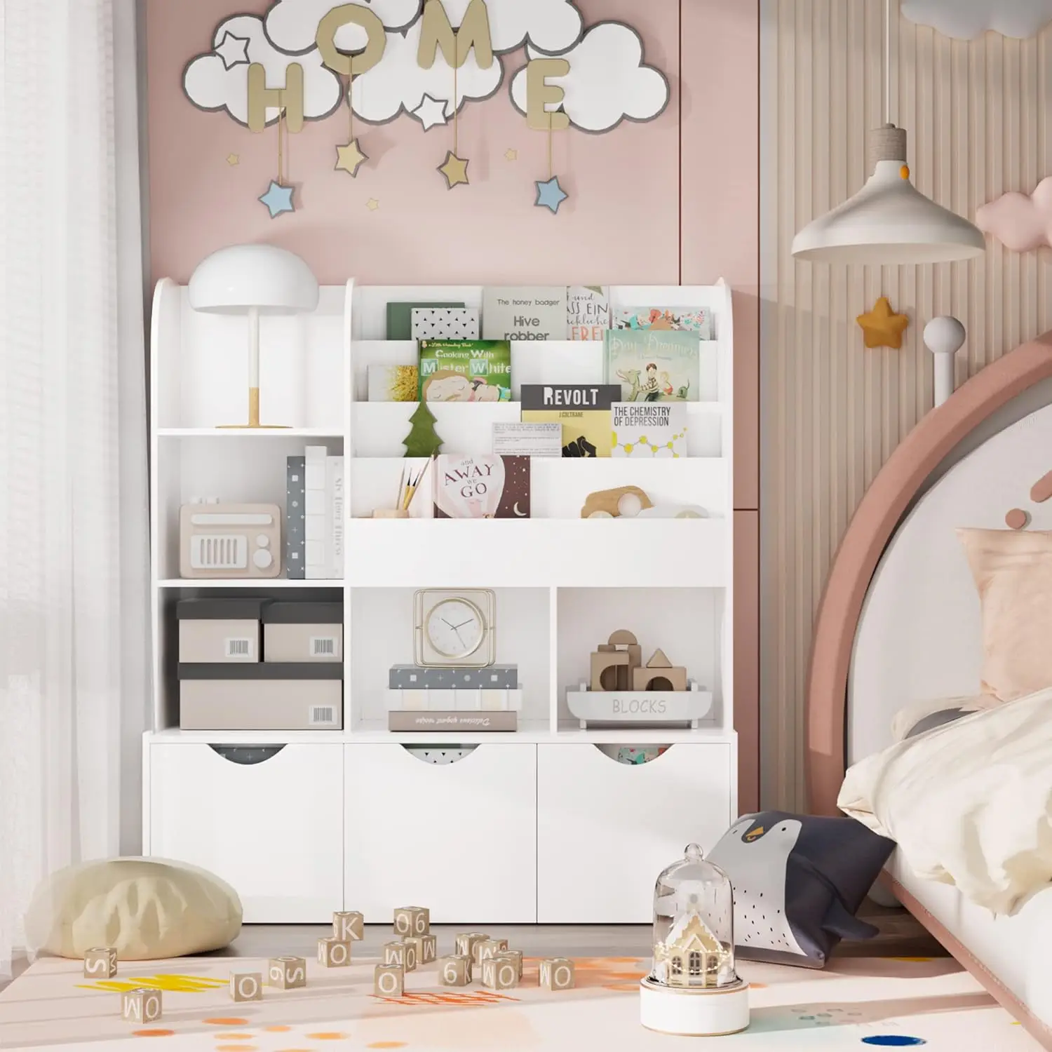 Kids Bookcase and Bookshelf Multifunctional Bookcase with 5 Storage Cubbies and 3 Movable Drawers Organizer 47"