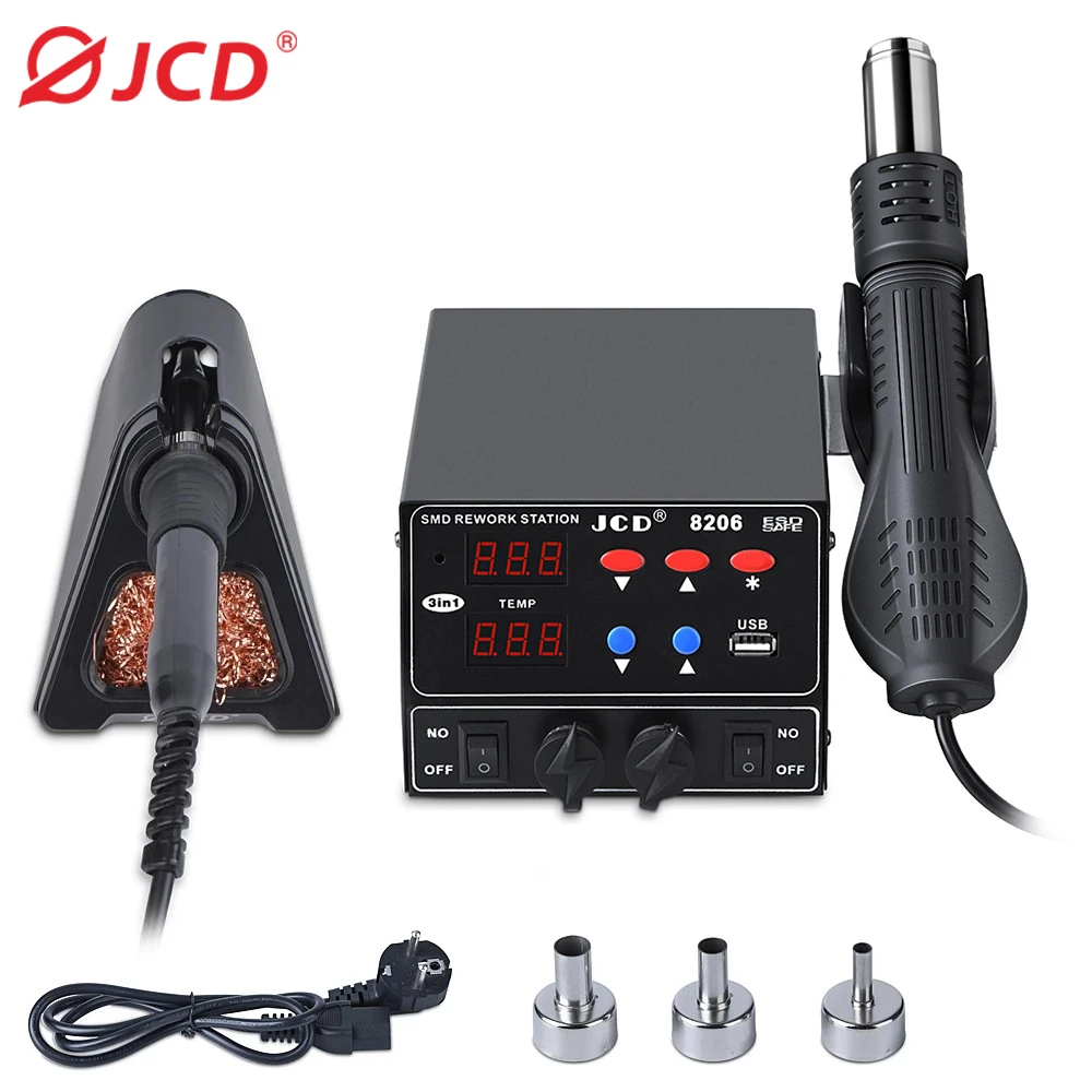 JCD 2 in 1 Soldering Station 800W Digital Display SMD Rework Hot Air Gun Soldering Iron 220V 110V ESD Welding Repair Tools 8206