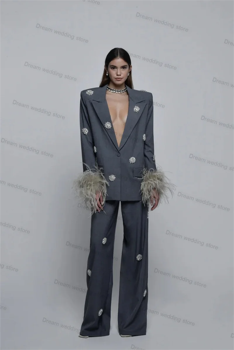 Women Suit Pants Set 2 Pieces Grey Women Suits Pants Set Blazer + Trousers Feather Crystals Formal Office Lady Guest Wedding Tuxedo Jacket Customized