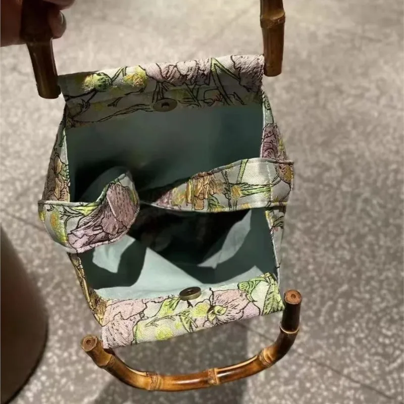 Green Peony Tote Bag Women Double Layer Bamboo Handle Large Capacity Shoulder Bags Ladies Vintage Elegant Gentle Crossbody Bag