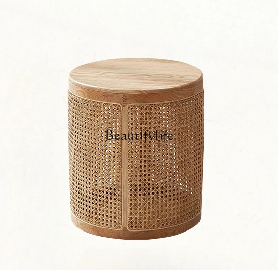 

Vintage Rattan Solid Wood round Side Table Living Room Home Minimalist Balcony Tea Table Coffee Table