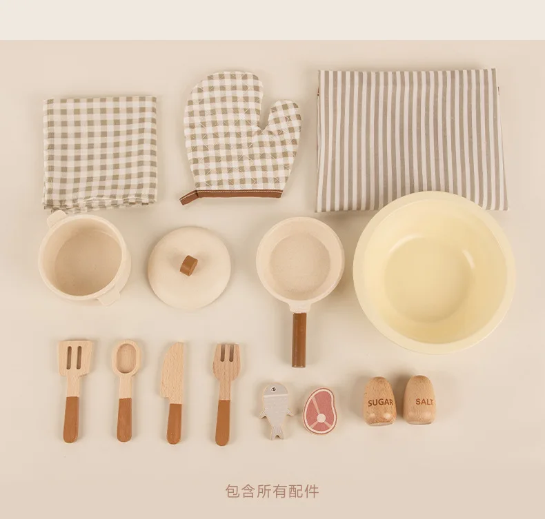 62cm High Quality Wooden Simulate kitchen toy set pot slice knife and fork fish meat Play house Interactive Toys baby girl gift 6