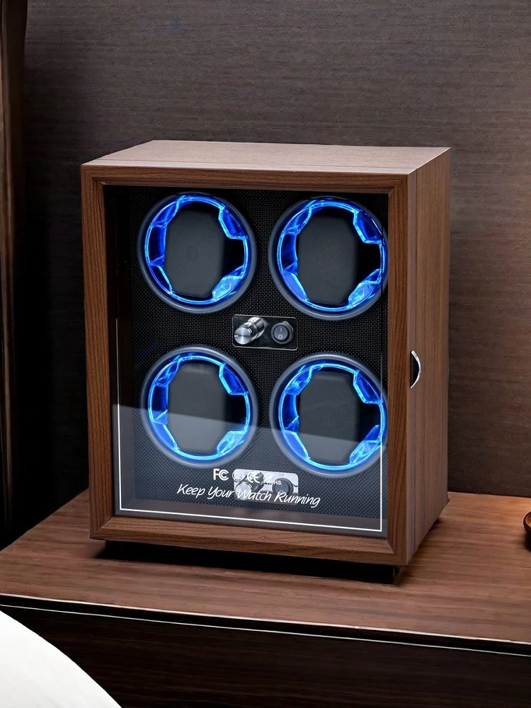 Automatic 4-Slot Watch Winder Box with Blue LED Light, Black Walnut, Red and Carbon Fib... - SKU LAWW1128 - UGI Packaging