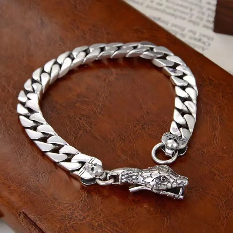 

S925 Sterling Silver Snake Buckle Cuban Bracelet Men's Simple and Stylish Trendy Retro Fashion Dominant Personality Gift