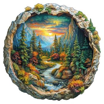 3D Wooden Circular Puzzle - Green Forest Sunset Scene, Family Game Activities, Wooden Home Decoration Gifts 1