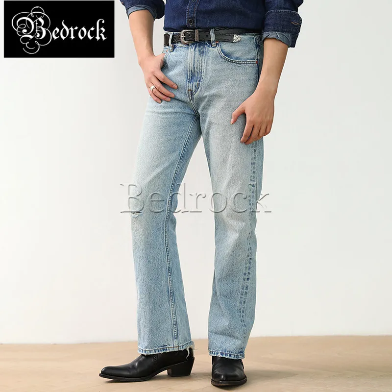 

MBBCAR 80's disco culture modern vintage flared pants for men 15oz Bell-Bottoms light blue one washed selvedge denim jeans 7436
