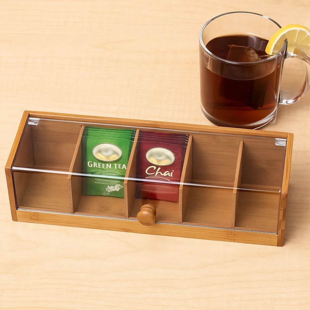 5 Slots Tea Bag Storage Organizer Bamboo Space Saving Coffee Capsule Storage Box Transparent Handmade Desktop Sundries Organizer