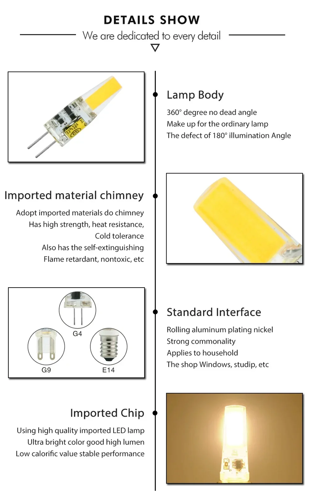 Description Picture 6 of item10x Mini COB LED G4 G9 3W 6W Light Bulb DC/AC 12V 220V LED Lamp Spotlight Chandelier Lighting Replace 30W 60W Halogen Lamps