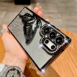 Luxury Diamond Bling Glitter Butterfly Stand Phone Case with Soft Cover - Galaxy S23 Ultra (Black)